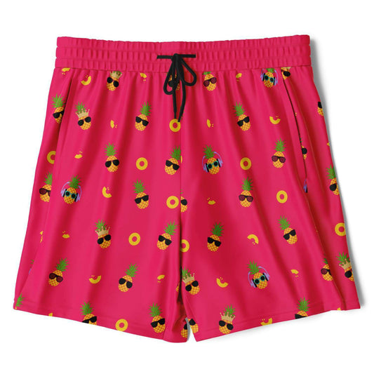 Men's 2-in-1 Shorts. These fun shorts feature a pink background with pineapples wearing a variety of sunglasses. Shorts have a black drawstring and zip up pockets.