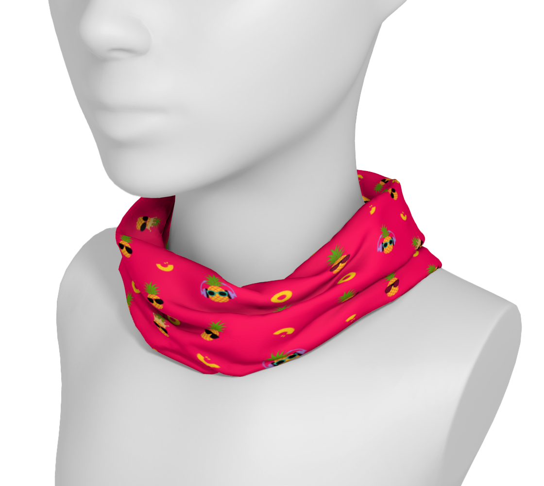 Pink headband/neck gaiter with pineapples wearing sunglasses.