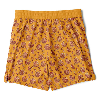 Men's shorts featuring a pizza design of pizza pies and pizza slices on a yellow background with a red under short.