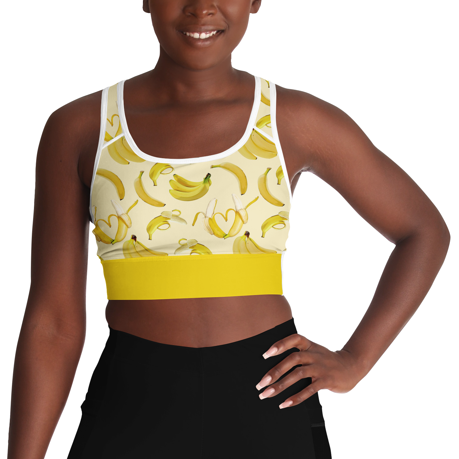 Women's Sports Bra features a soft yellow color, bananas, and a white mesh back.