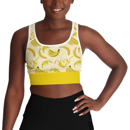 Women's Sports Bra features a soft yellow color, bananas, and a white mesh back.