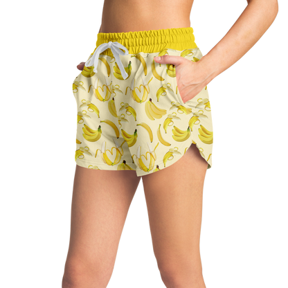 Women's Athletic Shorts. These yellow shorts feature a banana design.