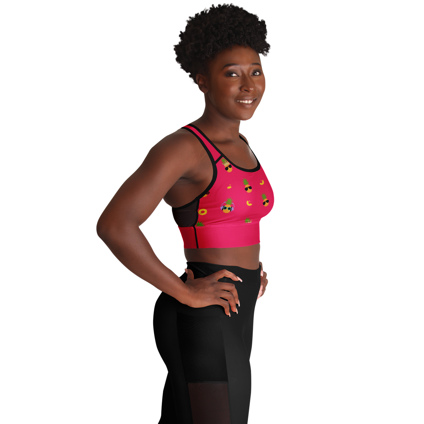 Fineapple - Women's Sports Bra featuring a pink color with pineapples wearing sunglasses and a black mesh back.