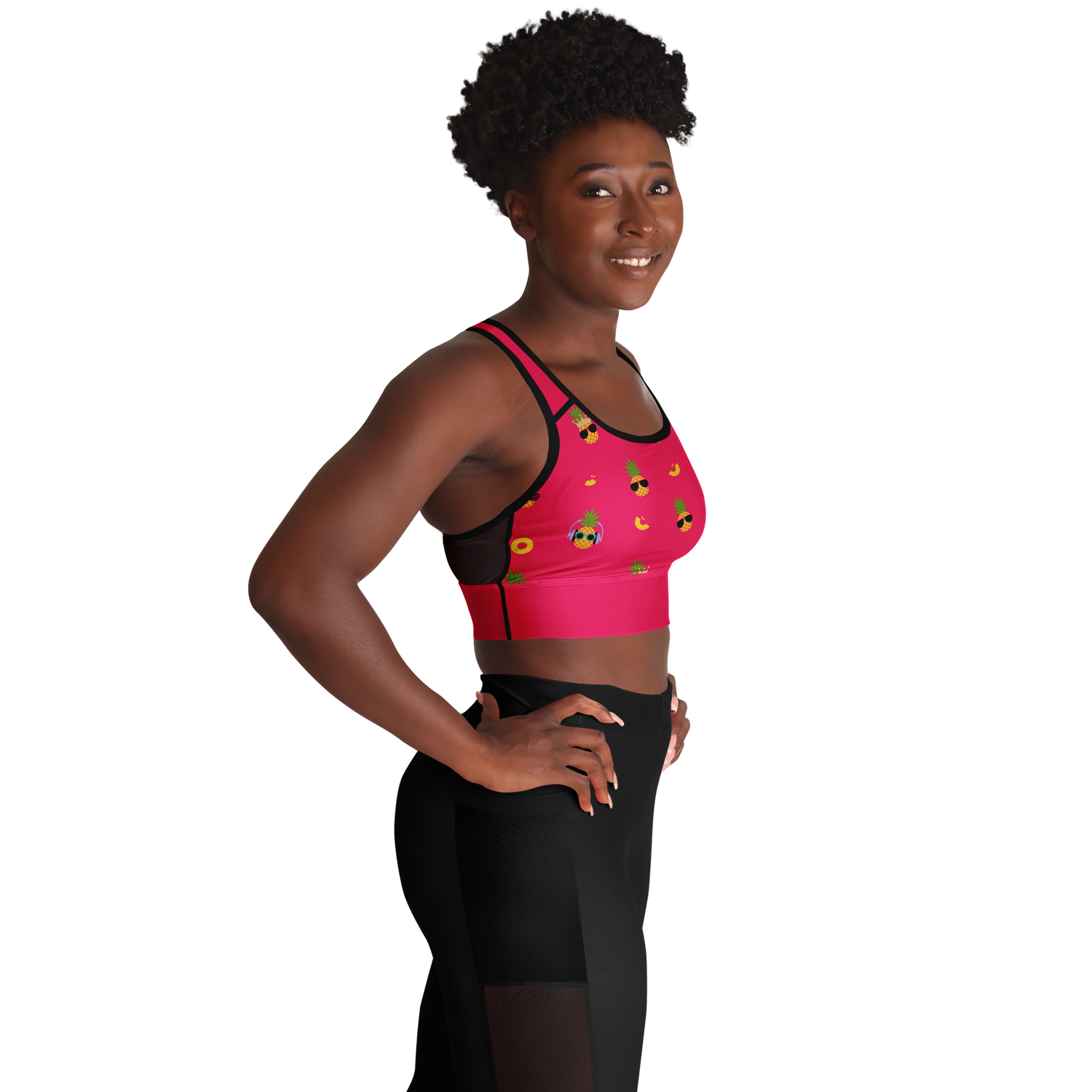 Fineapple - Women's Sports Bra featuring a pink color with pineapples wearing sunglasses and a black mesh back.