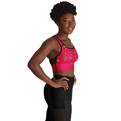 Fineapple - Women's Sports Bra featuring a pink color with pineapples wearing sunglasses and a black mesh back.