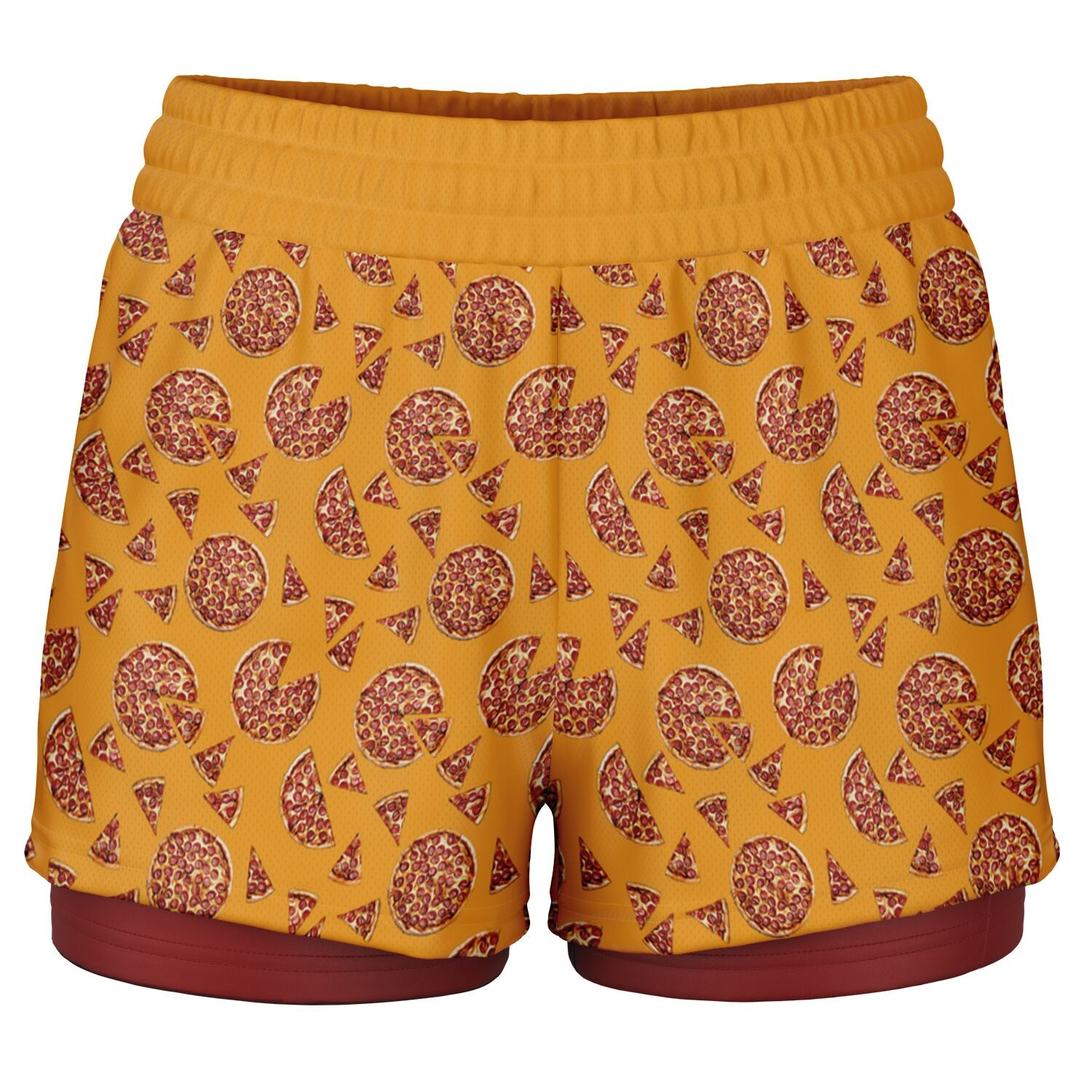 Women's shorts featuring a pizza design of pizza pies and pizza slices on a yellow background with a red undershort.